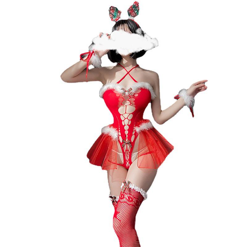 Temptation Reindeer Plush Lingerie Set - Sexy Christmas Bodysuit & Fishnet Outfit