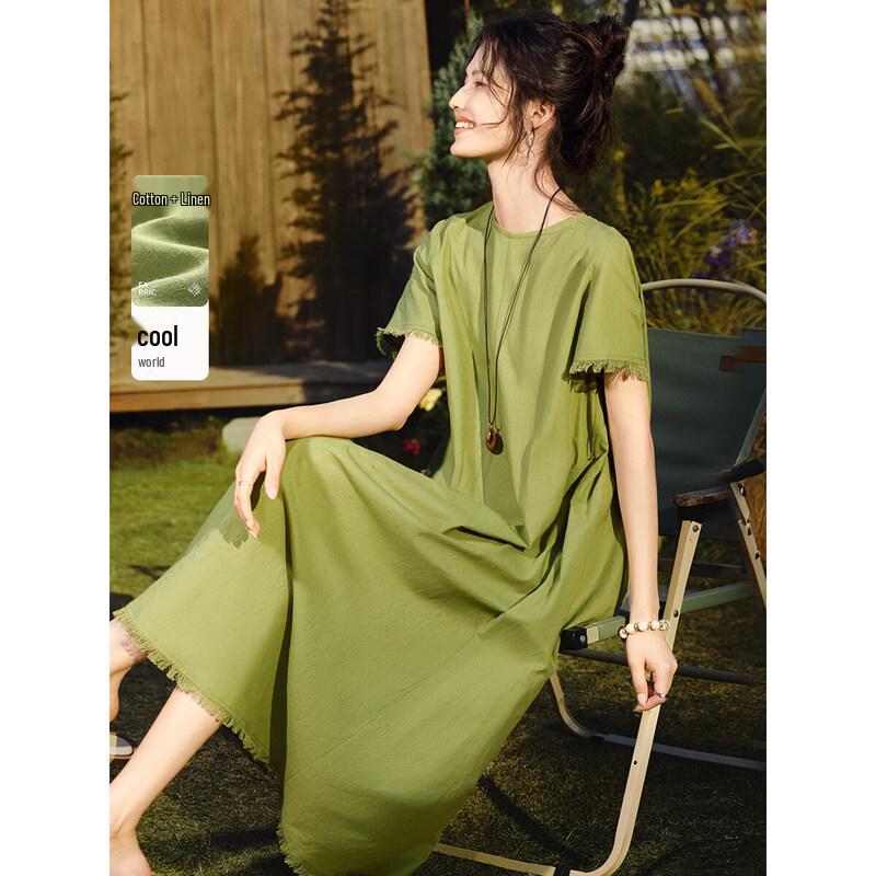 

XWI Linen-Blend Tassel Tie-Waist Midi Dress L