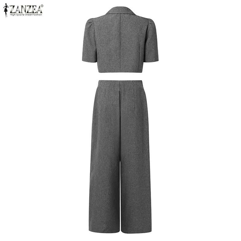 ZANZEA Women Short Sleeve Cropped Tops and Long Pants Two Piece Suit Sets