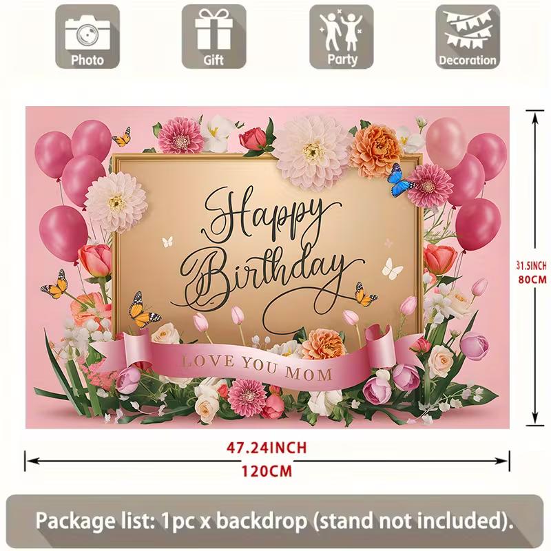 2D Happy Birthday Mom Backdrop Pink Floral Balloon Party Decoration Banner