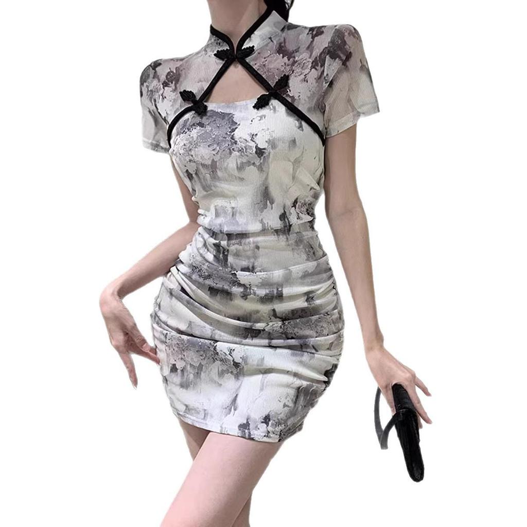 Petite Retro Qipao Dress - Summer Bodycon with Pleated Hollow-Out Design