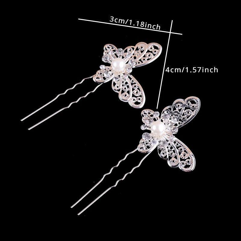 4 Pcs Bridal Butterfly Pearl Hair Fork Jewelry Golden Silver Red White Wedding Dress Costume Headdress U-shaped Accessories