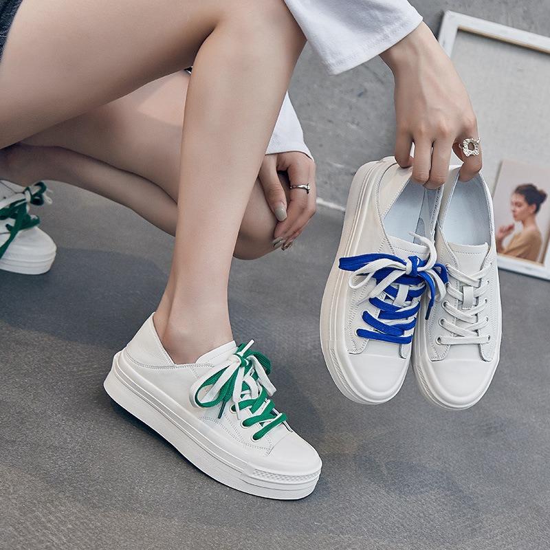 Little White Shoes Women's Spring Thick-soled Heightening Soft Leather Versatile Two-color Lace-up Casual Board Shoes Student Single Shoes