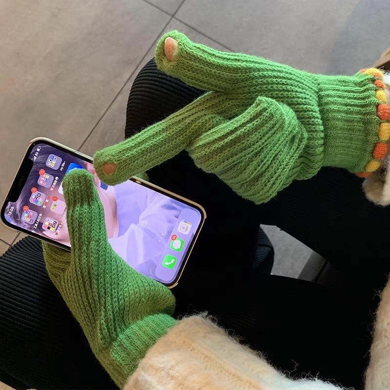 Knitted Five Finger Hair Ball Gloves Cute Little Jelly Beans Winter Women Touch Screen Warm Cycling Accessories