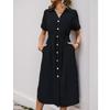 Women's Casual And Fashionable Solid Color V-Neck Pocket Button Drawstring Short Sleeved Dress