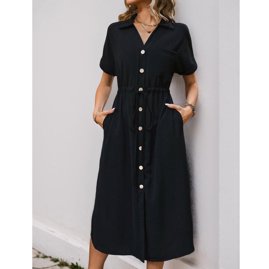 Women's Casual And Fashionable Solid Color V-Neck Pocket Button Drawstring Short Sleeved Dress