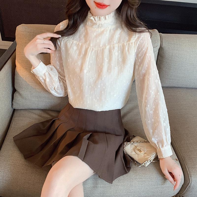 Autumn Fashion New 2024 Long Sleeve Ruffled Collar Casual Apricot Chiffon Blouse Shirt Women Tops Blouses Shirts J454