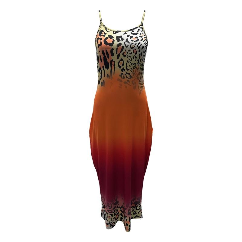 Women's Leopard Print Gradient Maxi Dress Sleeveless V Neck Casual Long Dress With Pockets