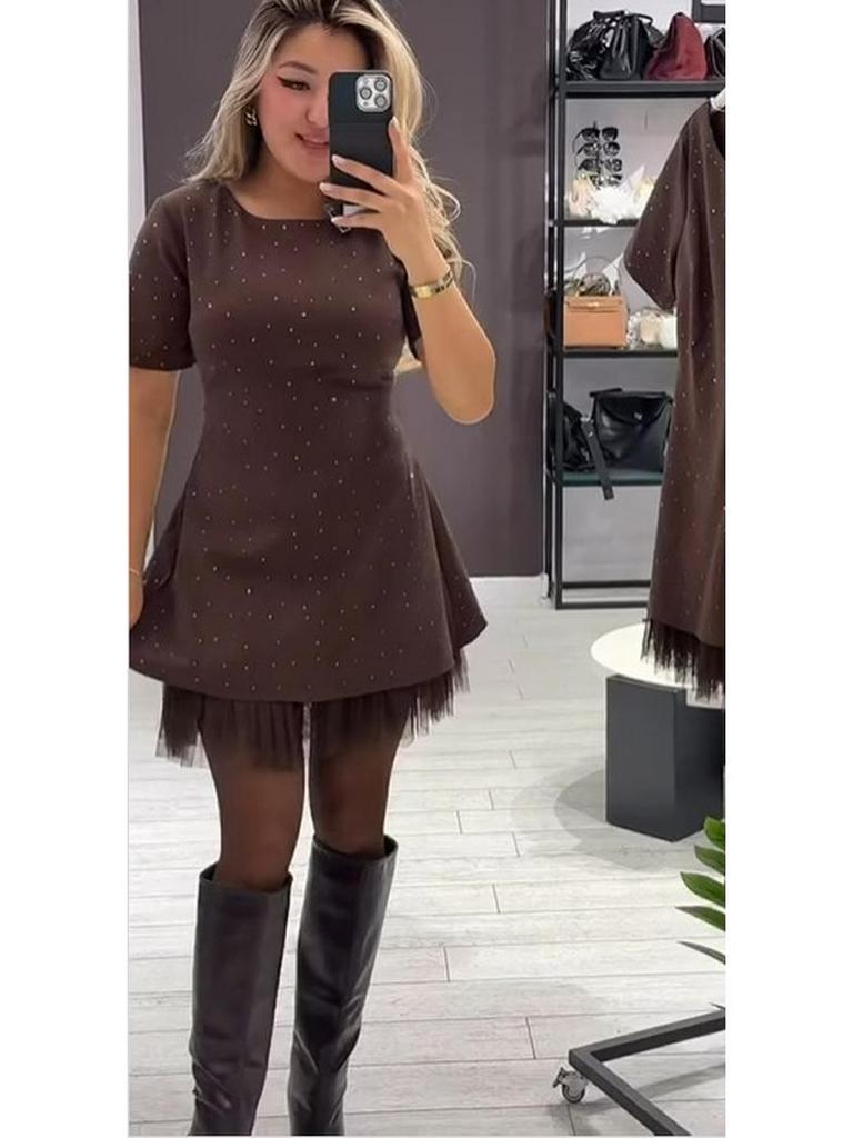 2025 European Rhinestone Mesh Pleated Dress - Spring/Summer Collection