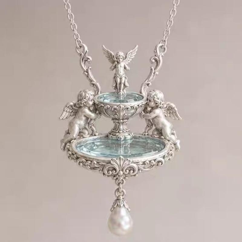2027 Vintage Wishing‑Fountain Angel‑Embossed Pendant Necklace Ladies Artificial‑Pearl Women Retro Clavicle Chain Neck Jewelry