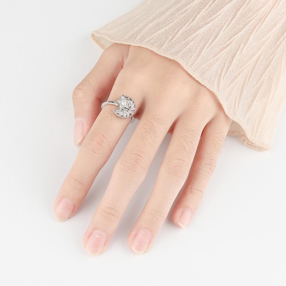 Moon Star Rotating Open Ring For Women Adjustable Stress Relief Anxiety Spinner Band Fashion Versatile Jewelry