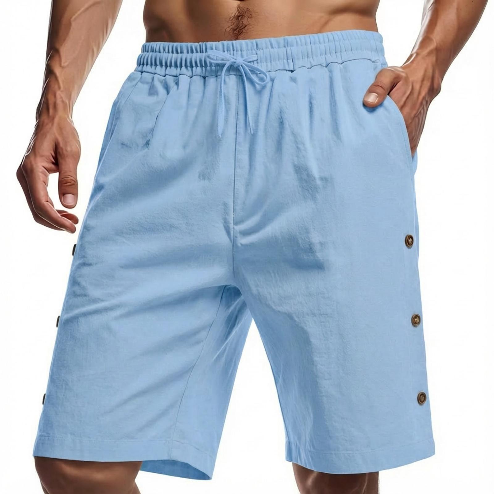 

Men s -color Loose-fit American- Cotton-linen Beach Casual Button Shorts XXXL