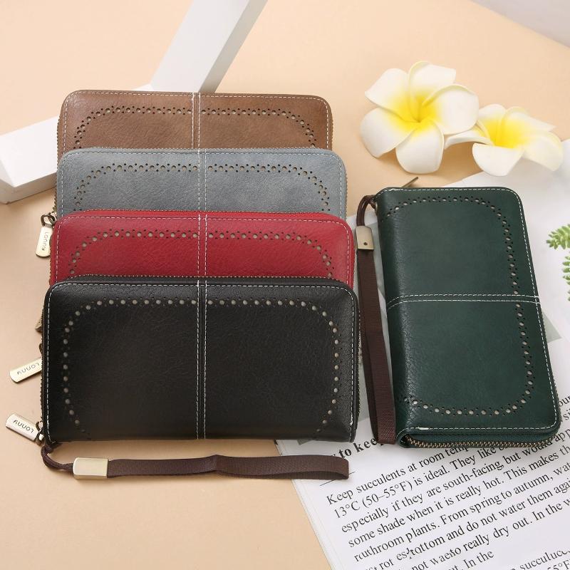 Women Hollow Zipper Wallet Leather Clutch Retro Female Hollow Organ Card Bag Large Capacity Long Mobile Phone Card Holder