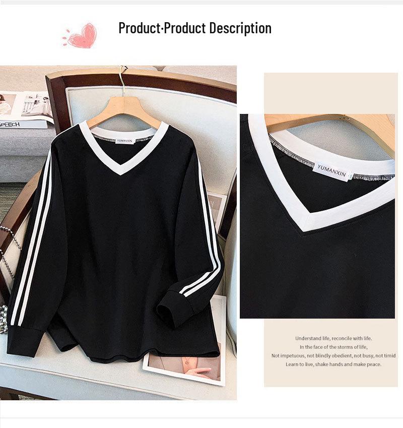 Plus Size Women's V-Neck Sweatshirt: Loose Fit, Slimming, Bust 150-160 Cm, Fits 200-350 Jin