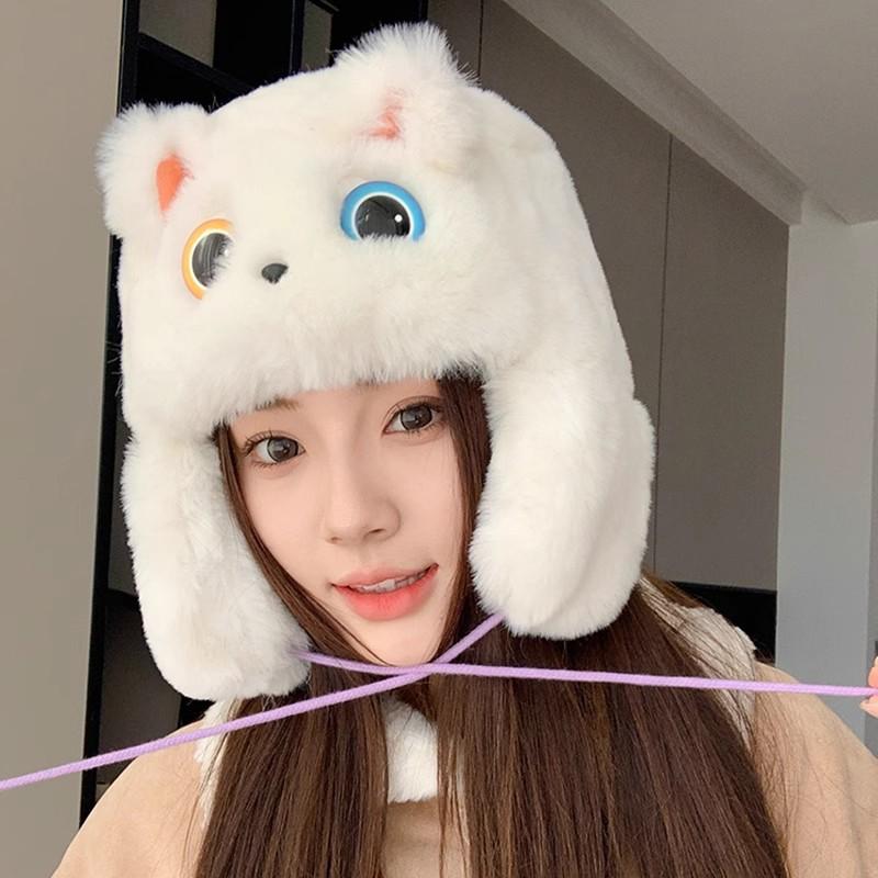 Warm female autumn and winter cold protection thickened ear protection hat plush hat cartoon big eyes cat ears pullover hat