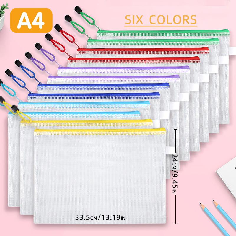 12-piece Plastic Mesh Zip File Bag, Waterproof and Tear-resistant File Folder, Multi-size Zip File Bag for School Office Home Tr