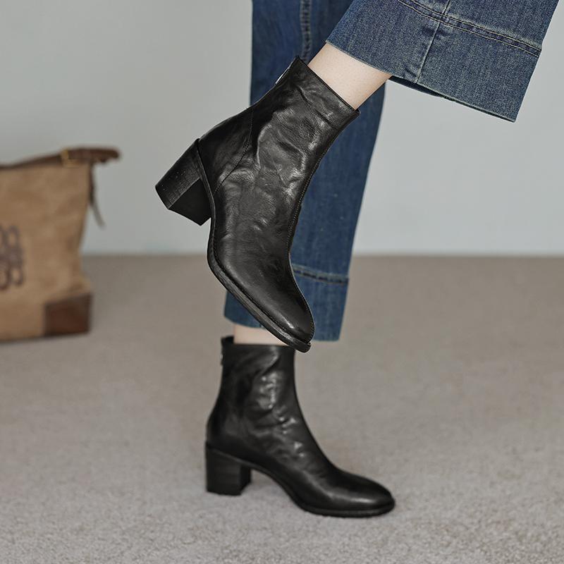 Krazing Pot Îmbrăcăminte de bază Piele de oaie Toamnă Iarnă Pantofi Tocuri groase Cizme Chelsea Vârf rotund Păstrează cald Botine cu fermoar