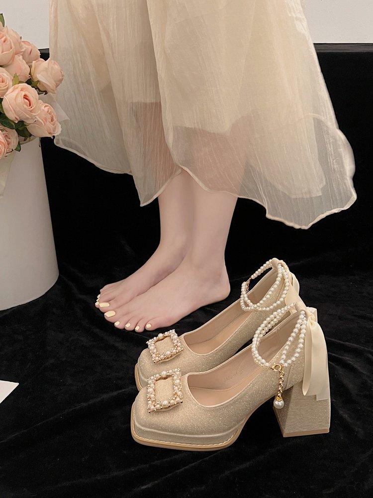 

Thick heel high heels women s waterproof cheongsam horse dress gentle evening breeze with skirt Mary Jane wedding shoes bride shoes 42