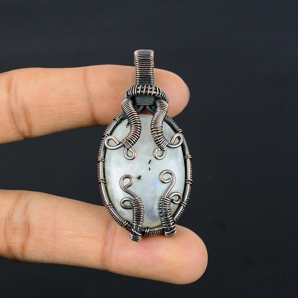 Moonstone 999 Copper Wire Wrapped Pendant, Handmade Gemstone Pendant, Gift For Mom Antique Jewelry