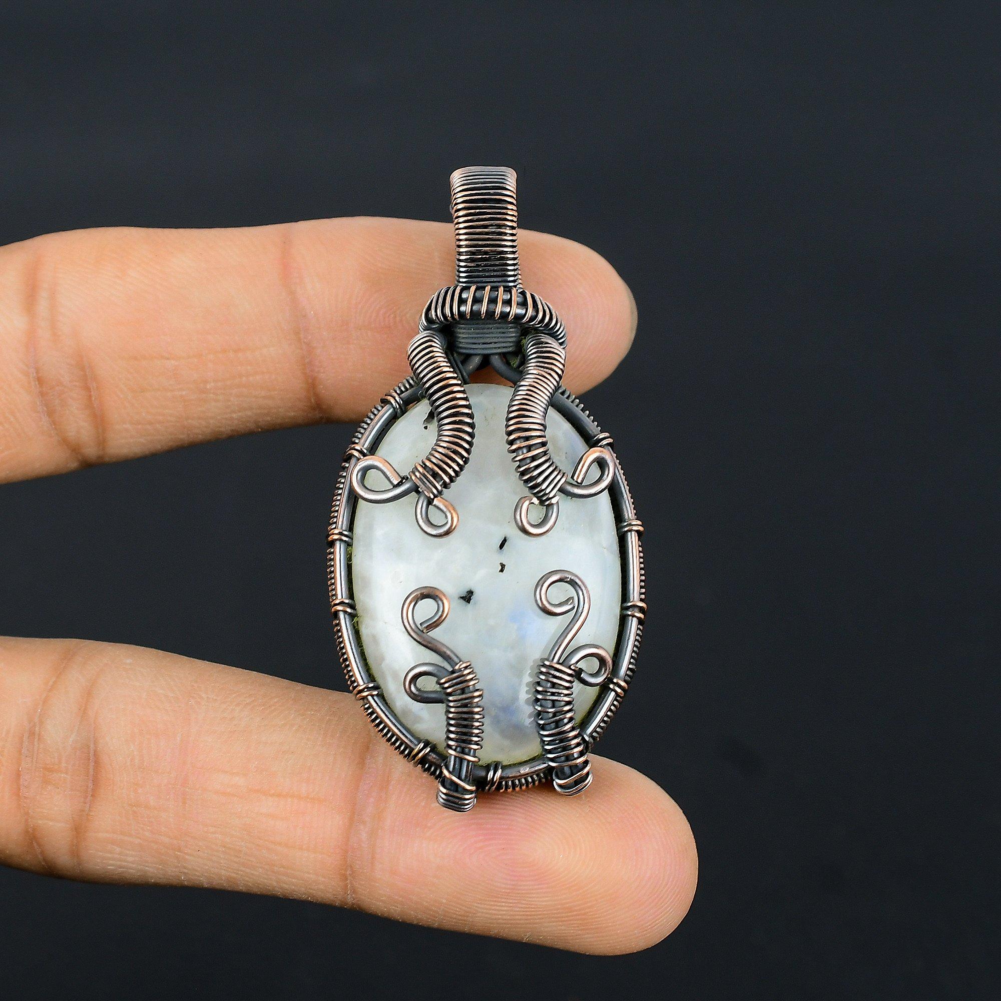 

Кулон из лунного камня, обернутый медной проволокой 999 пробы, кулон из драгоценного камня ручной работы, подарок для мамы, антикварное украшение 2.55 Inches