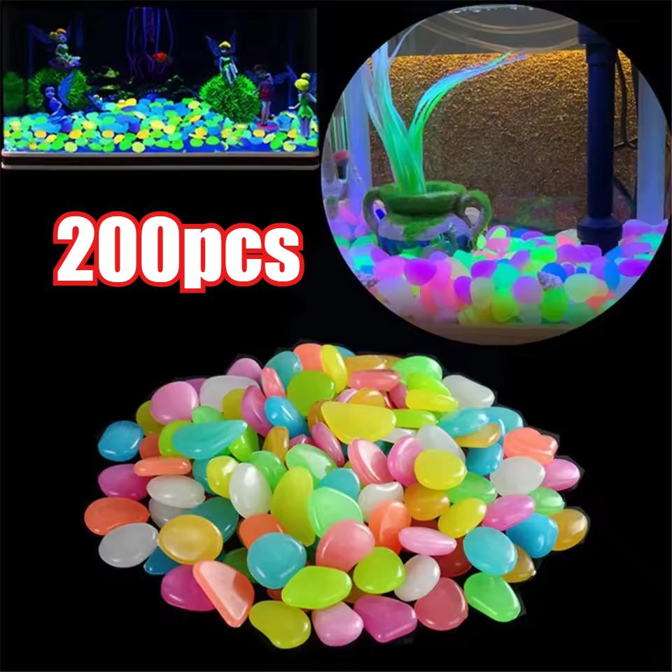200Pcs Glow In the Dark Garden Pebbles For Sidewalk Garden Terrace Lawn Garden Patio Fish Tank Aquarium Decoration Glow Stone