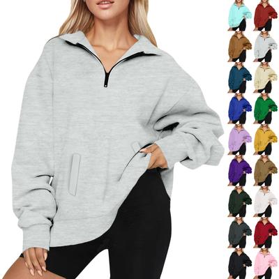Women's Casual Fashion Long Sleeve Solid Color Zip Sweatshirt Top With 2 Pockets