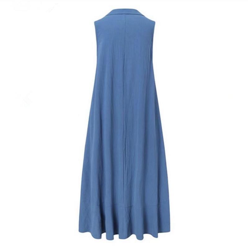 Collare Senza Maniche Cotone Lino Ampio Swing Abito Lungo per Abbigliamento da Donna Abiti Casual