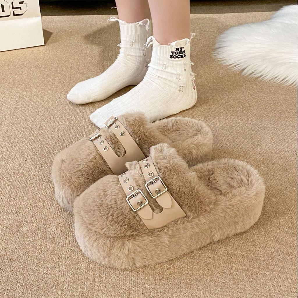 Baotou Thick-soled Fluffy Slippers Women's 2025 Autumn and Winter New Fashion Outer Wear Belt Buckle Fleece Warm Cotton Slippers