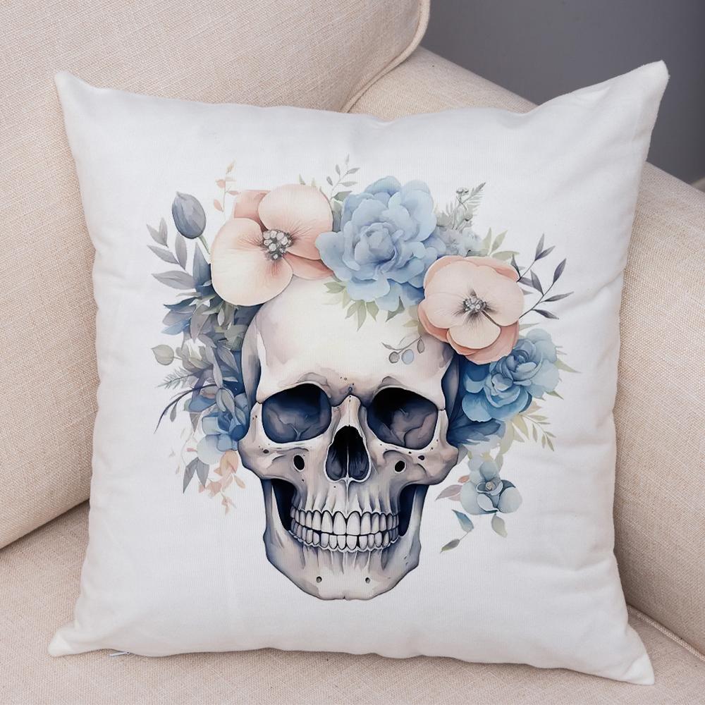 Coral Petal Skull Cushion Cover Double Print Orchid Watercolor Pillowcase Soft Plush Lavender Floral Skull Cushion Cover