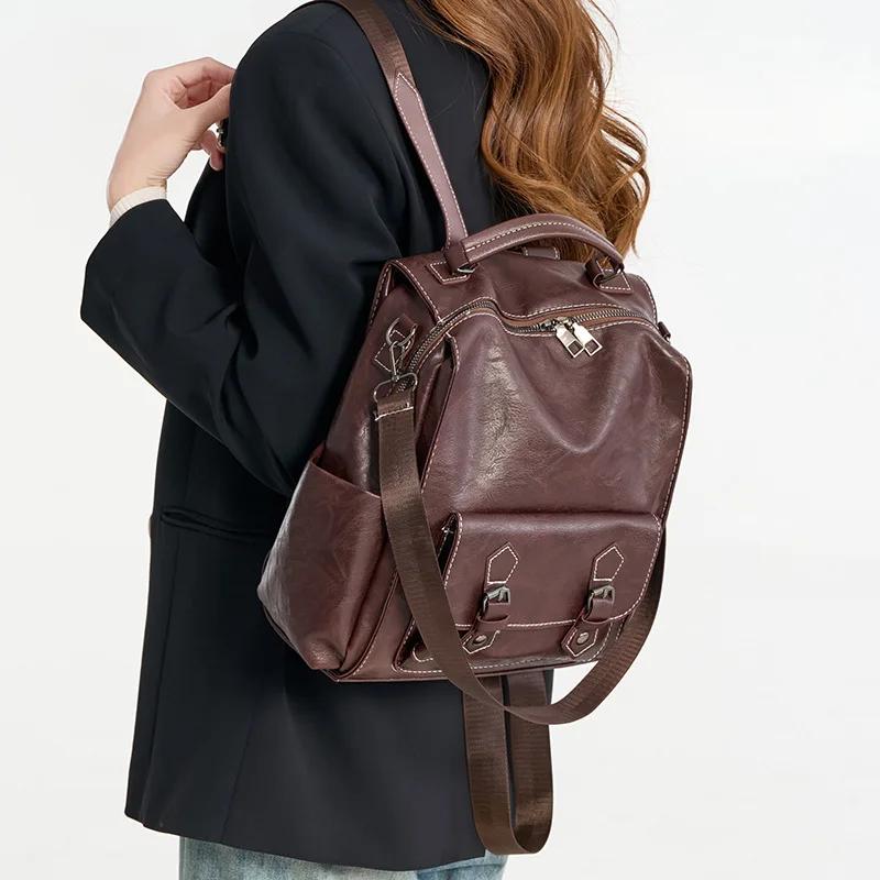 Women's Retro British Style Backpack Simple Fashion Travel Shoulder Bag PU Material Street Trend Zipper Opening Daily Match