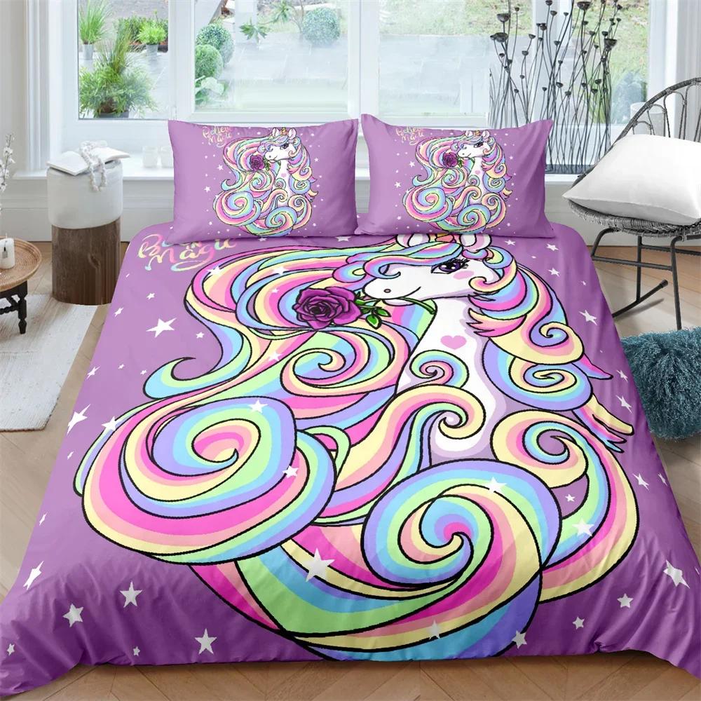 Jednorožec King Queen Povlak na přikrývku Kreslené zvíře Rainbow Universe Sada povlečení pro děti Teen Cosmic Starry Sky Polyester Povlak na přikrývku