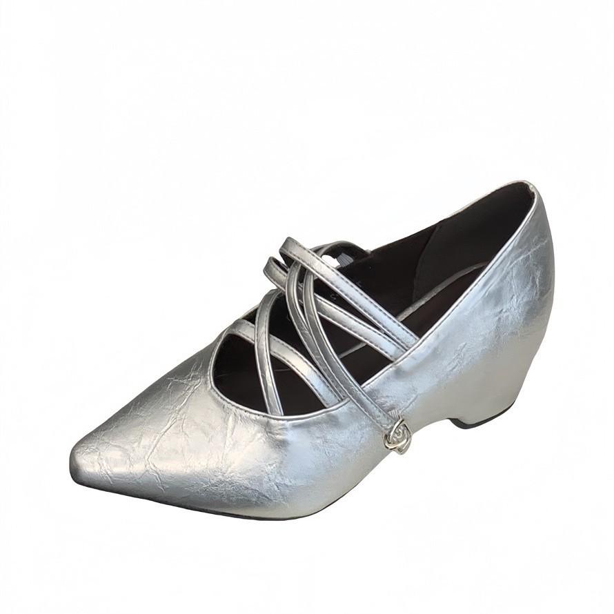 French fashion retro wedge pointed 2025 new Mary Jane single shoes ins wind cross belt single shoes women's shoes trend