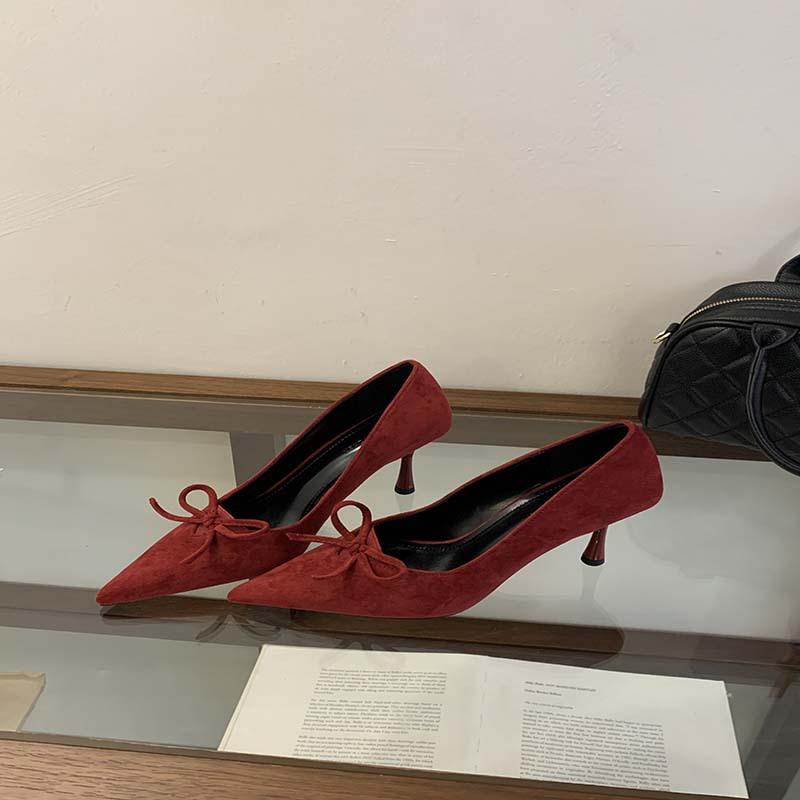 2025 new spring and autumn bow pointed head thin heel high heels women's shallow mouth single shoes suede temperament versatile work shoes