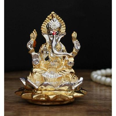 Gold & Silver  Ganesha Idol Murti Sitting On Lotus Kamal Home Décor and Gifts (5x5x6cm)
