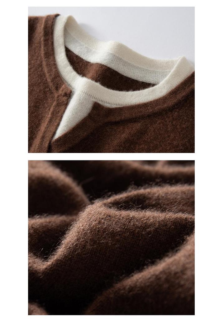 Autumn 2025 Sweet Style Color Block Cashmere Sweater - Loose Fit, Slimming, Short & Warm, Fake Two-Piece Design