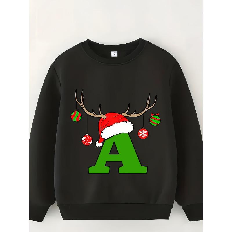 Kids Sweatshirt Letter A Santa Hat with Reindeer Antlers Print Pattern Fleece Warm Unisex Top Fashion Print Pattern Wear Casual Long Sleeve