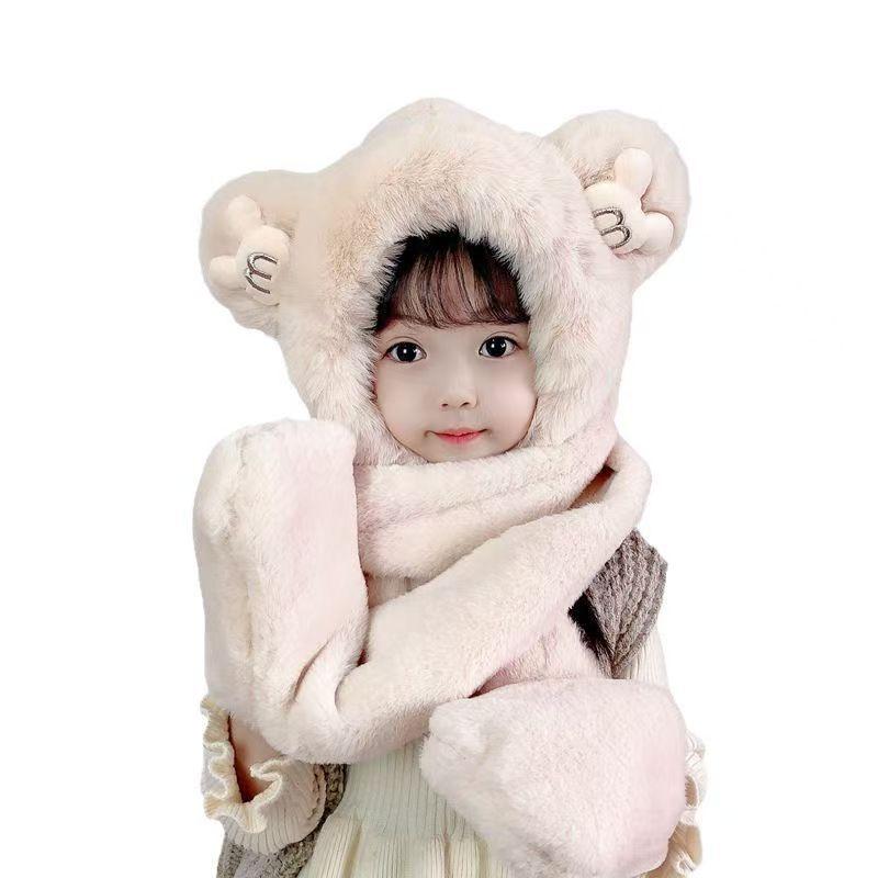 Bear girl winter plush hat scarf integrated thickened cute warm plush ear protectors hooded gloves three-piece set