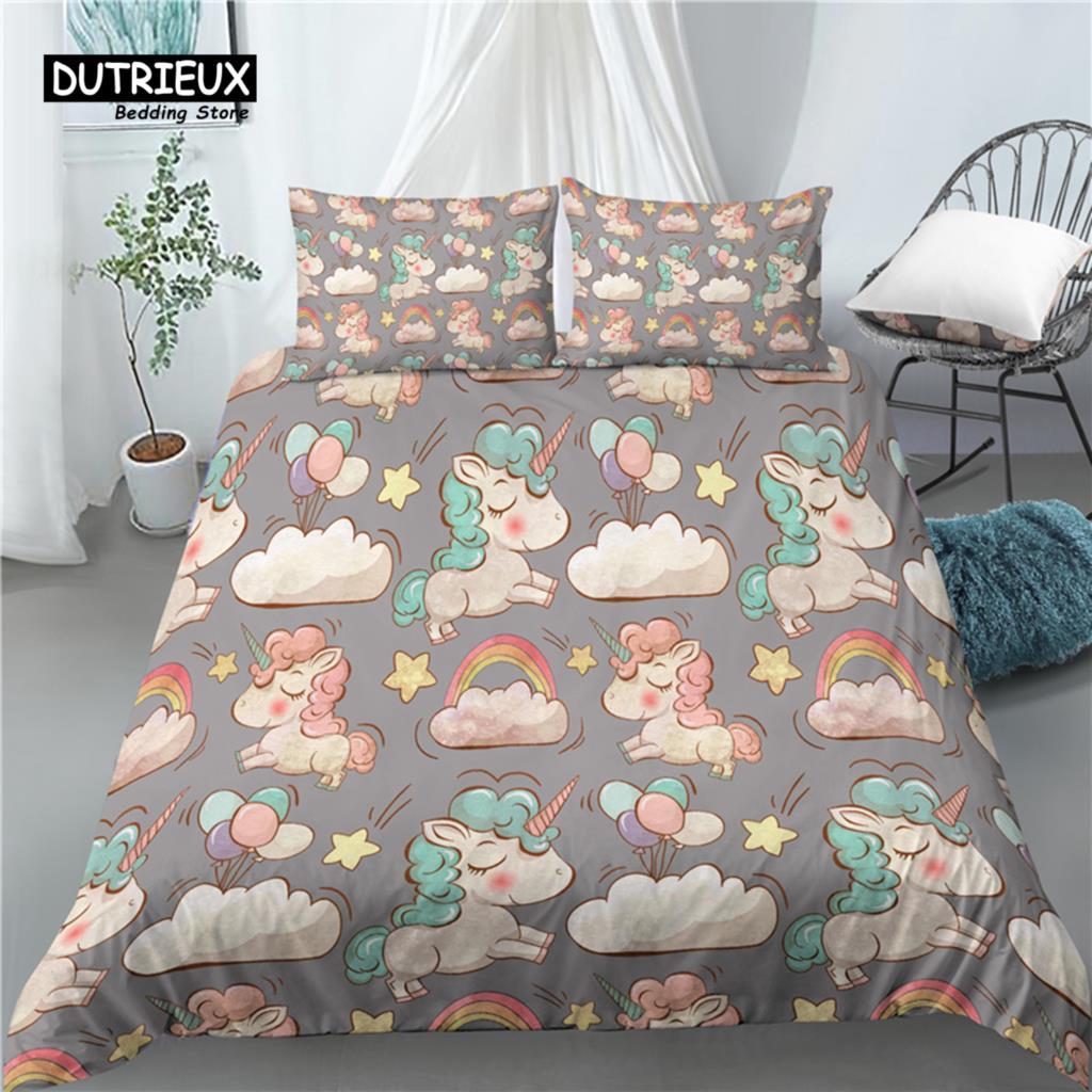 Home Living Luxury 3D Cartoon Unicorn Print 2/3Pcs Soft Duvet Cover PillowCase Bedding Sets Kids Queen and King EU/US/AU Size