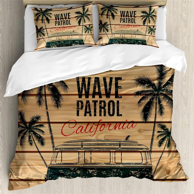 Surf Duvet Cover Hippie Classic Old Bus Surfboard Freedom Holiday Exotic Life Sketchy Art Yellow Orange Room Decor for Women Men