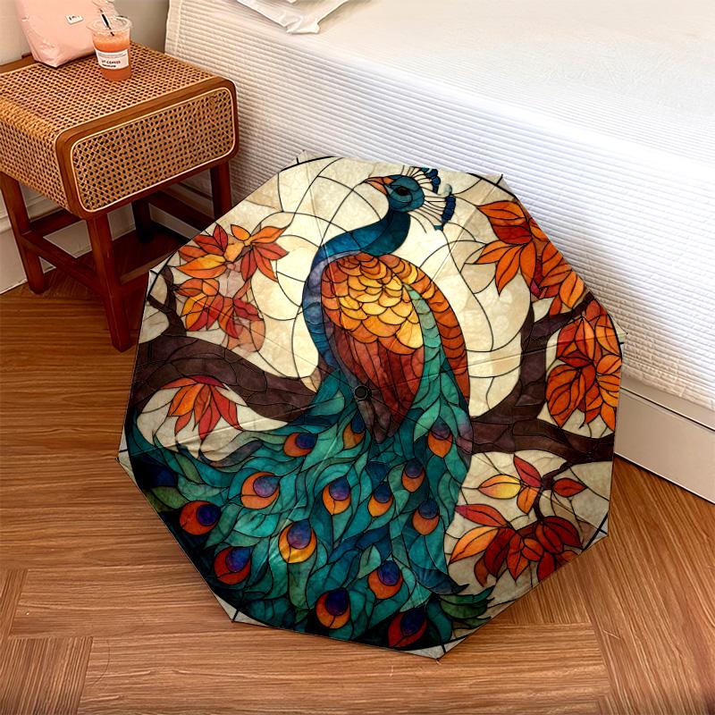 0106 Glass Window Peacock  pattern, automatic folding umbrella, portable and foldable design, 8 ribs, a Christmas or birthday gift.