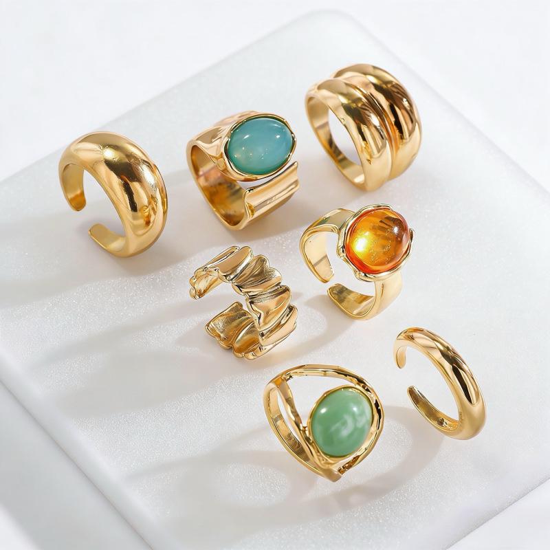 Trendy Stackable Gemstone Ring Set - Adjustable Retro Metal Open Rings for Women
