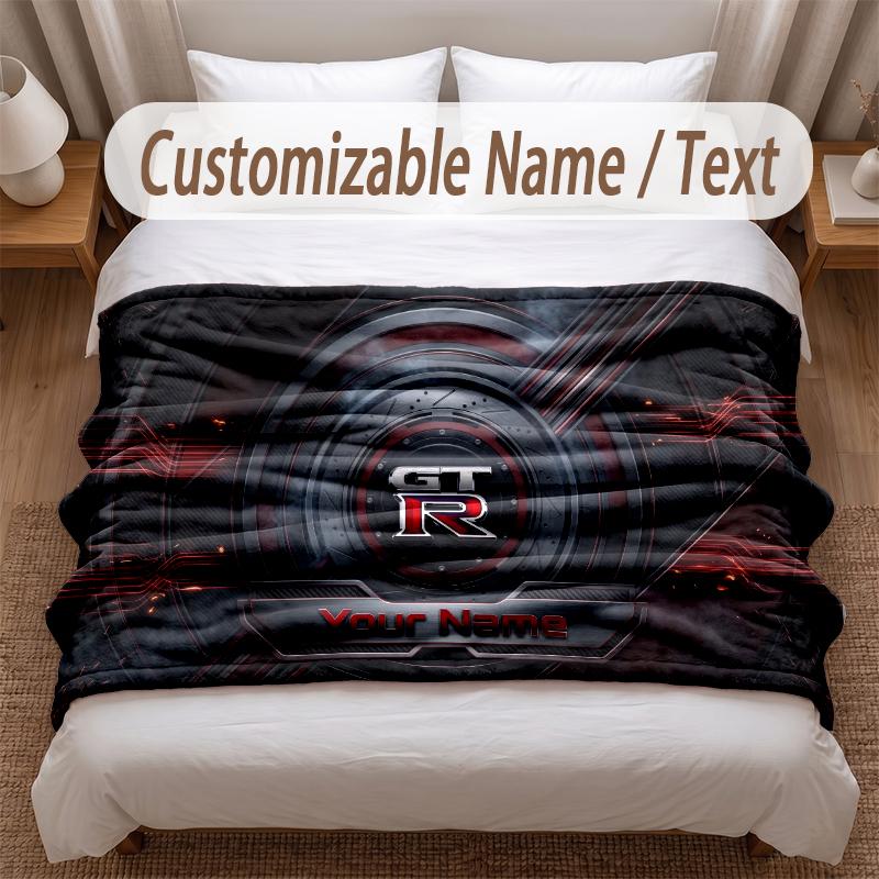 Nissan GT-R Printed Flannel Blanket Custom Name Text Soft Warm Throw For Bedroom Holiday Gift