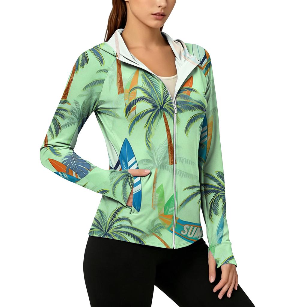 Women's Lightweight Zip-Up Hoodie with Hood and Pockets Hawaiian Print Long Sleeve Sun Protection Jacket for Outdoor Activities