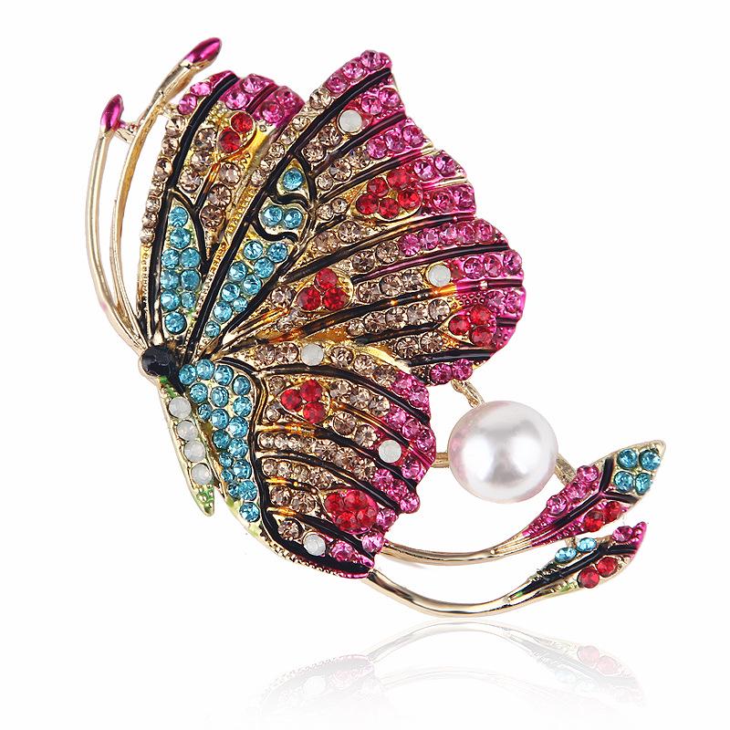 

Fashion Coloured Diamonds Oil Drop Enamel Large Butterfly Insect Pearl Brooch Jewelry Corsage Pins Accessories