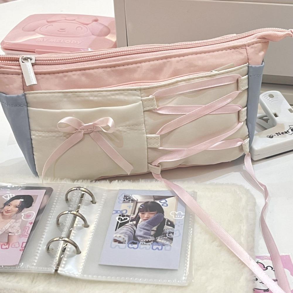 Multi-function Blue Ballet Style Pen Bag Bow Ribbon Large Capacity Pencil Case Stationery Organizer Student