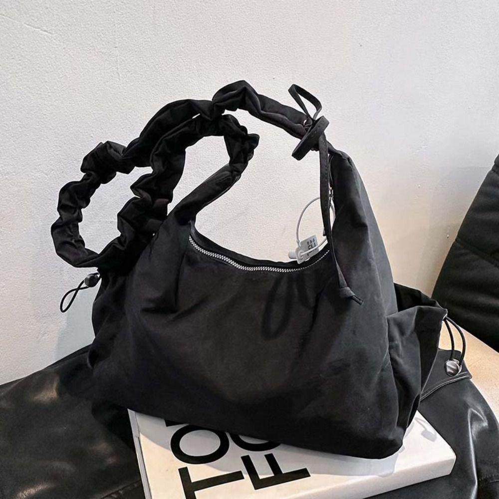 

Nylon Pleated Straps Handbag Solid Color Cloth Crossbody Bag Drawstring Shoulder Bag School M чёрный