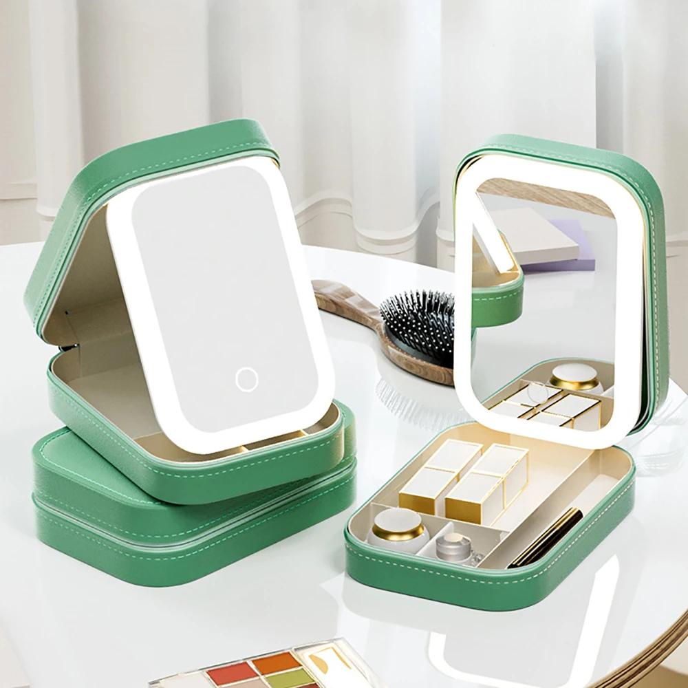 Specchio con Luce LED Scatola Portaoggetti per Trucco Luminosità Regolabile Portatile da Viaggio Scatola Portaoggetti per Cosmetici in Pelle Borsa Portaoggetti per Cosmetici