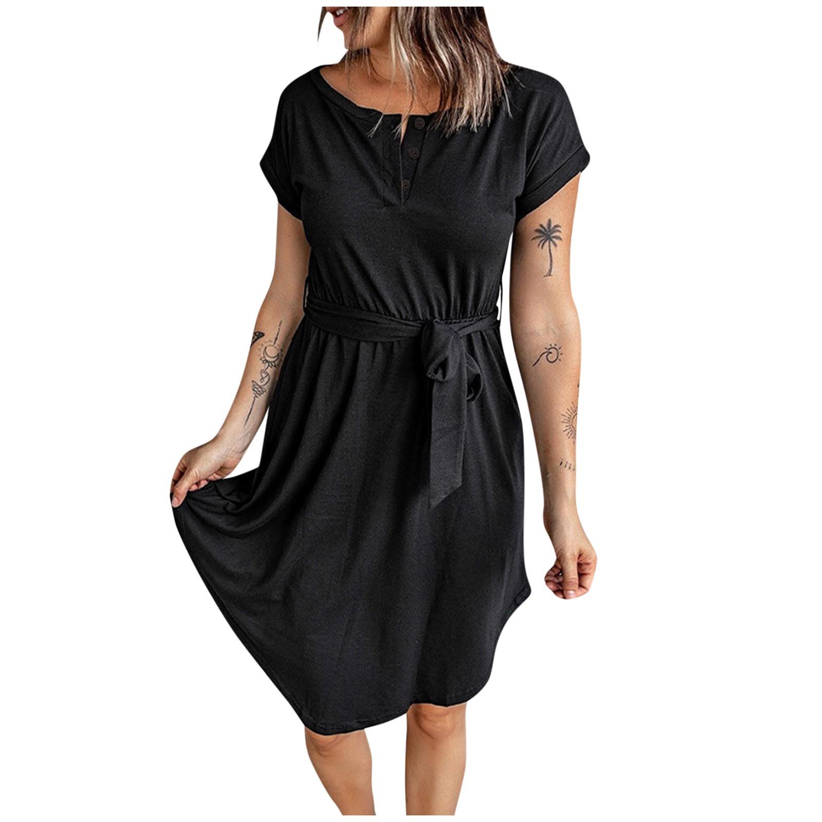 

Женское платье с V-образным вырезом, короткими рукавами и пуговицами, однотонное повседневное платье с поясом на рукавах L чёрный