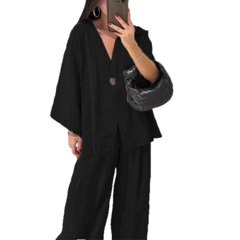 Spring and Summer Fashion Loose Women's V-neck Blouse Shirt and Wide-leg Pants Casual Suit