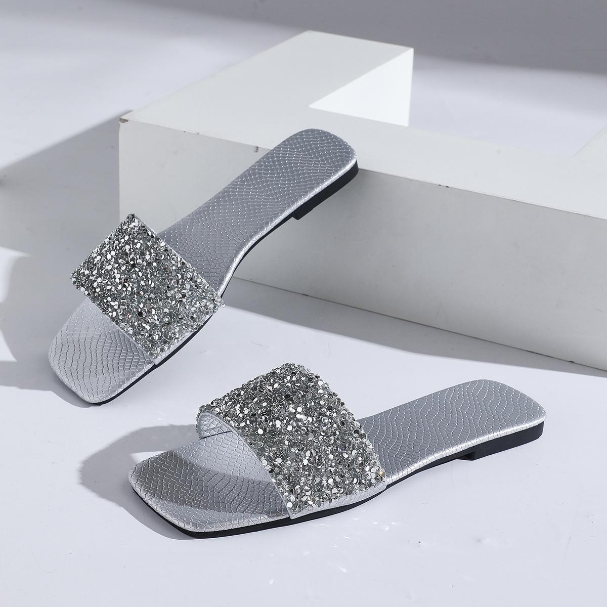 

Тапочки женские с пайетками, лето 2025, новые большие размеры, плоские тапочки, удобные пляжные тапочки 43 серебряный